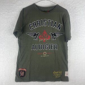 Christian Audigier Shirt Mens Medium Y2K Patch Bling Moto Tattoo Hip Hop Bling M